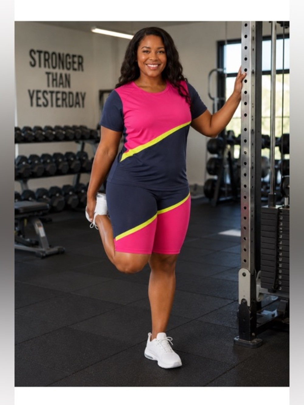 TRUE ROCK Pink, Navy & Neon Yellow Athletic Two-Piece Set